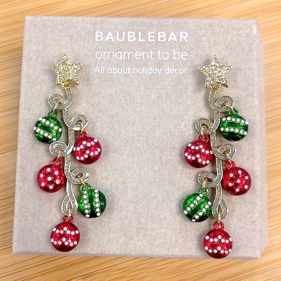 Brand New BaubleBar Christmas Ornaments Tree Stars Red Green Drop Earrings - Picture 2 of 13